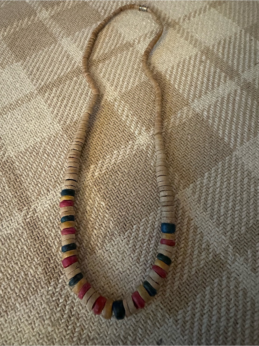 Neutral Bead Necklace with Red, Blue, and Yellow Accents